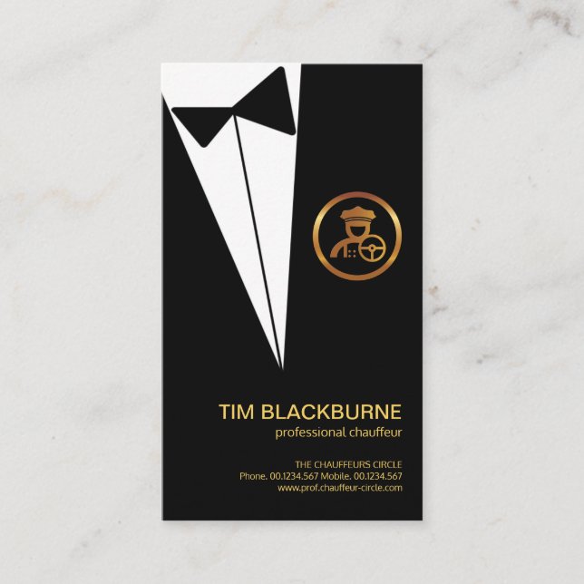Black Tuxedo Gold Chauffeur Boutonniere Button Visitenkarte (Vorderseite)