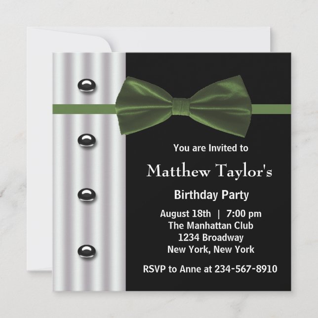 Black Tuxedo Green Bow Krawatte Mens Birthday Part Einladung (Vorderseite)