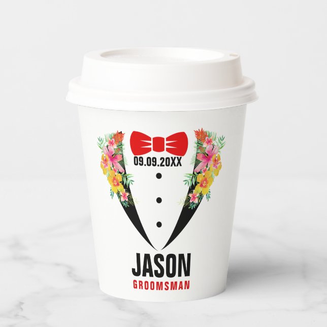 Black Tuxedo Red BowTie & Trauzeuge Texto Papier C Pappbecher (Vorderseite)