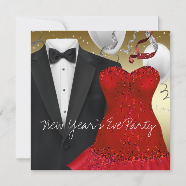 Black Tuxedo Red Dress Party Einladung (Vorderseite)