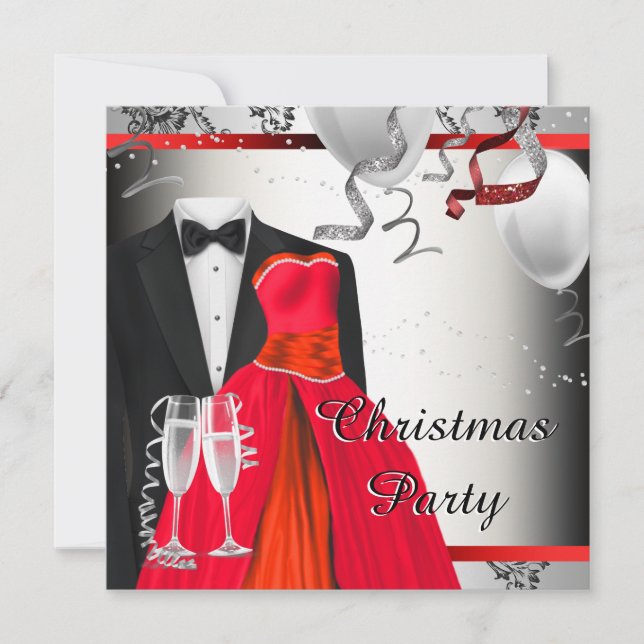Black Tuxedo Red Dress Weihnachtsfest Party Einladung (Vorderseite)