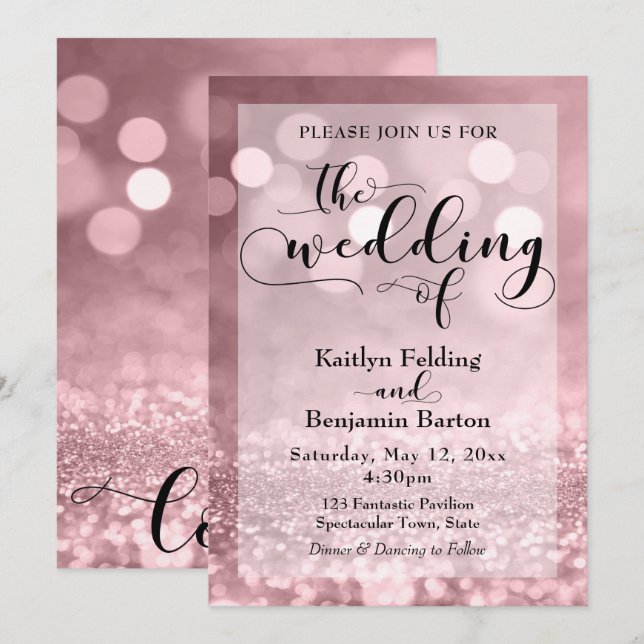 Black Typografy & Rose Gold Glitzer Bokeh Wedding Einladung (Vorne/Hinten)