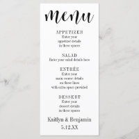 Black Typografy Wedding Menu mit Bokeh Back