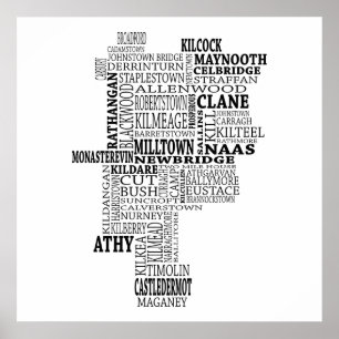 Black Typograical Map of Co. Kildare, Irland Poster