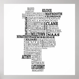 Black Typograical Map of Co. Kildare, Irland Poster