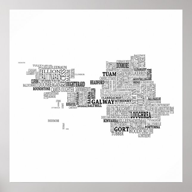 Black Typographical Map of Co. Galway, Ireland Poster (Vorne)