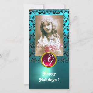 BLACK UND BLAUE DAMASK Rotes Ruby Monogramm Feiertagskarte