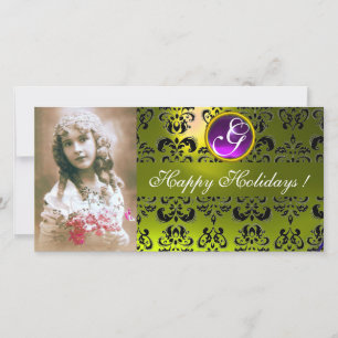 BLACK UND YELLOW DAMASK Amethyst Monogramm Feiertagskarte