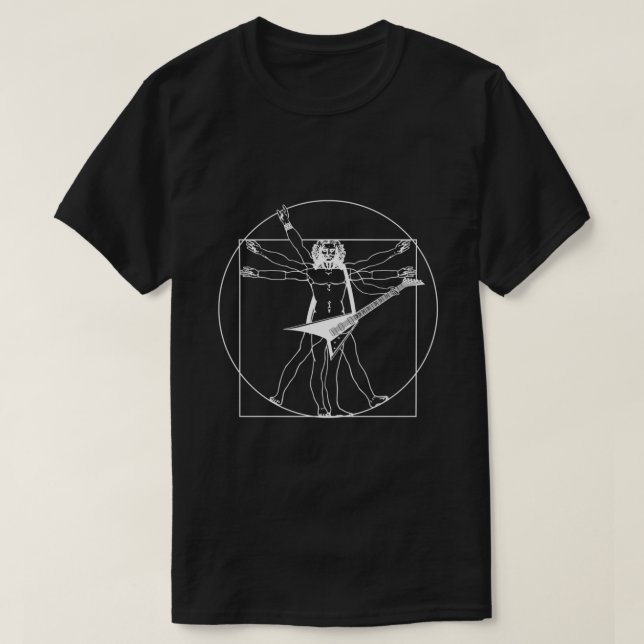 Black Unique Vitruvian Mann spielt Flying V Gitarr T-Shirt (Design vorne)