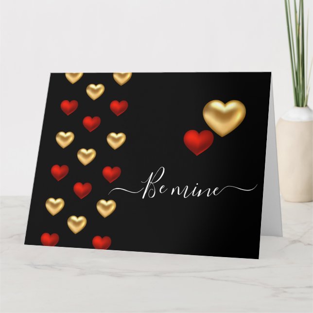 Black Valentine Card Red & Gold Hearts Karte (Vorderseite)