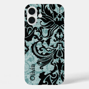 Black Vector Damask Vintag Blue iPhone 16 Plus Hülle