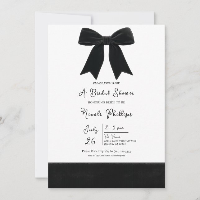Black Velvet Bow Elegantes Posh Foto Brautparty Einladung (Vorderseite)