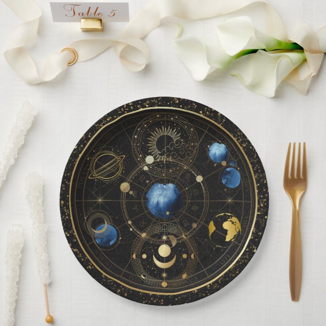 Black Velvet Gold Celestial Astrologie Pappteller (Hochzeit)