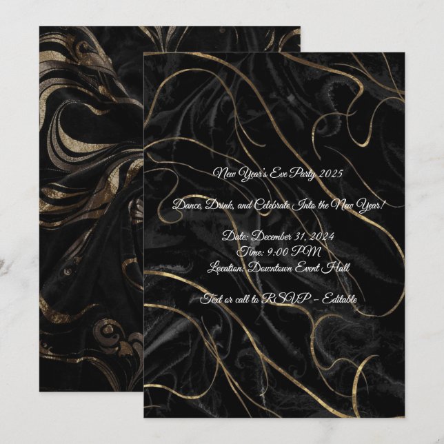 Black Velvet New Year Invitation – Editable Einladung (Vorne/Hinten)