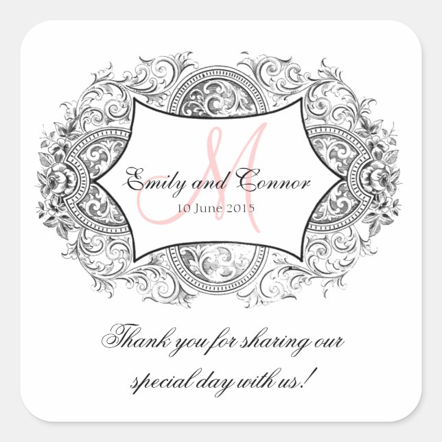Black Verziert Frame Pink Monogram Wedding Vielen  Quadratischer Aufkleber (Vorderseite)