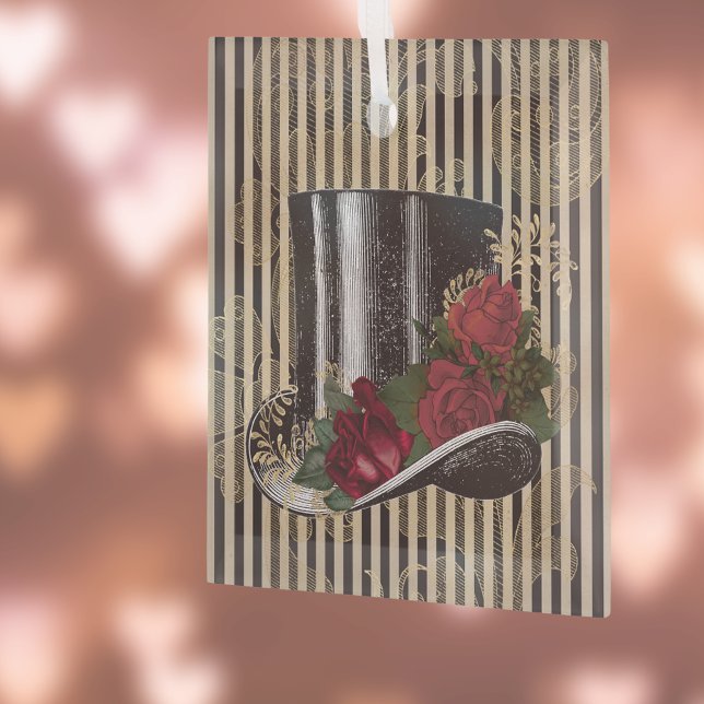 Black Victorian Hat on Black Gold Damask Stripes Ornament Aus Glas (Von Creator hochgeladen)