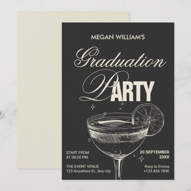 Black Vintag Cocktail Graduierungsparty Einladung (Vorne/Hinten)