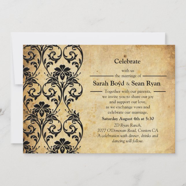 Black Vintage Floral Swirl Wedding Invitation Einladung (Vorderseite)