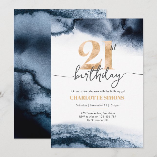 Black Watercolor 21e anniversaire invitation (Devant / Derrière)