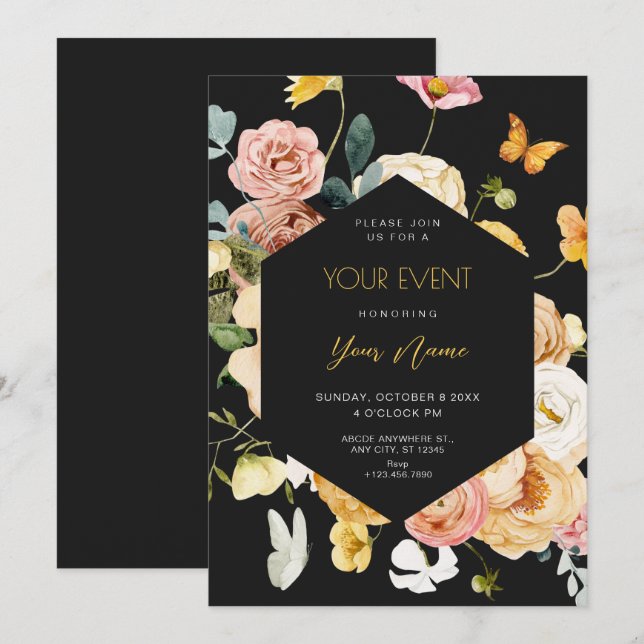 Black Watercolor Blumen elegant Einladung (Vorne/Hinten)