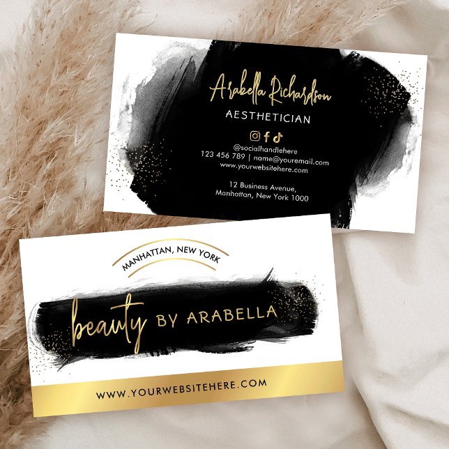 Black Watercolor & Gold Makeup Lashes Schönheitssa Visitenkarte (Black watercolor and faux gold beauty salon business cards design)