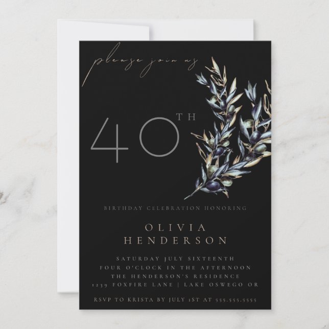Black Watercolor Olive Branch Birthday Invitation Einladung (Vorderseite)