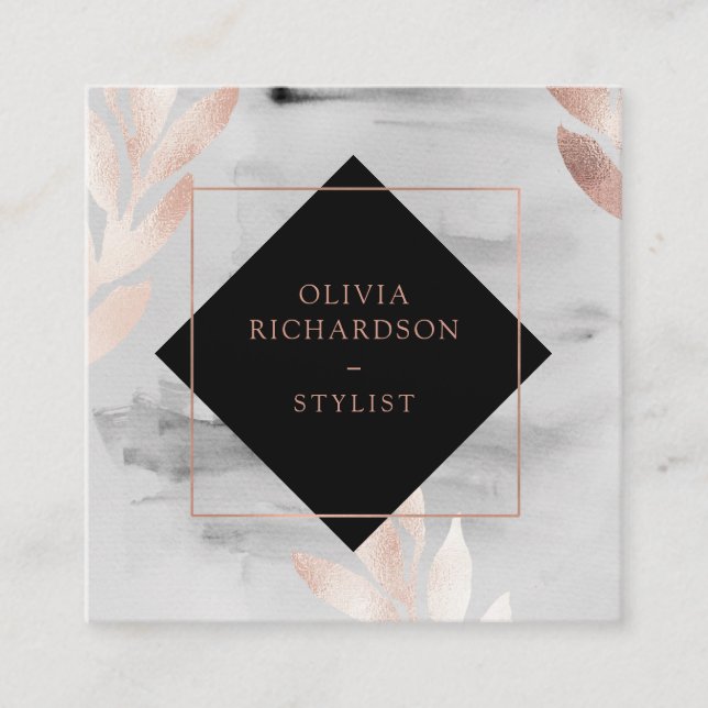 Black Watercolor und Imitate Rose Gold Blätter Quadratische Visitenkarte (Vorderseite)