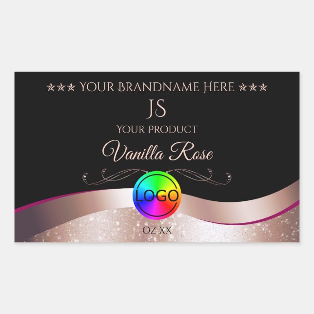 Black Wavy Rose Gold Logo Monogramme Étiquette pro (Devant)
