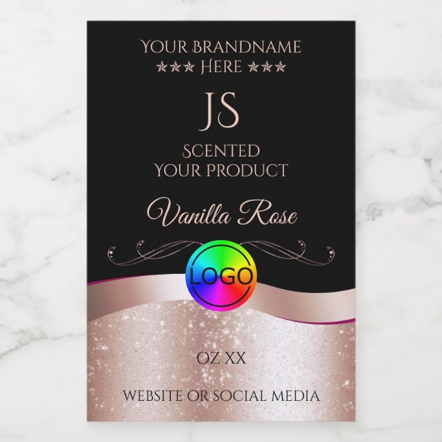 Black Wavy Rose Gold Logo Monogramme Étiquette pro (Étiquettes simples)