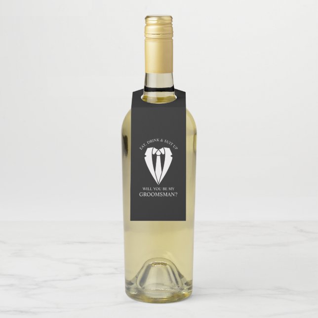 Black Wedding Anzug and Krawatte Trauzeuge Vorschl Flaschenanhänger (Auf Flasche)