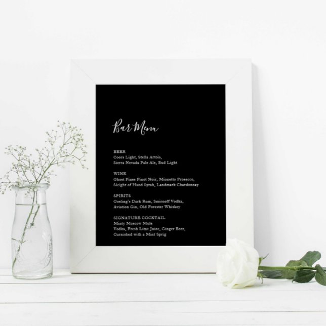 Black Wedding Bar Menu Empfang Sign Drinks Poster (Von Creator hochgeladen)