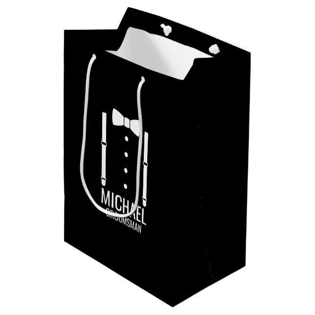 Black Wedding Bow Krawatte Personalisierte Trauzeu Mittlere Geschenktüte (Vorderseite Schrägansicht)