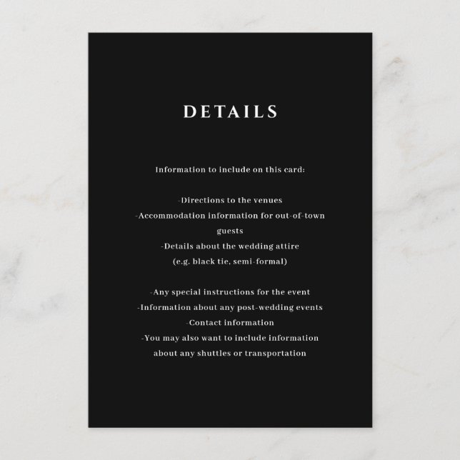Black Wedding Details Enclosure Card Begleitkarte (Vorderseite)