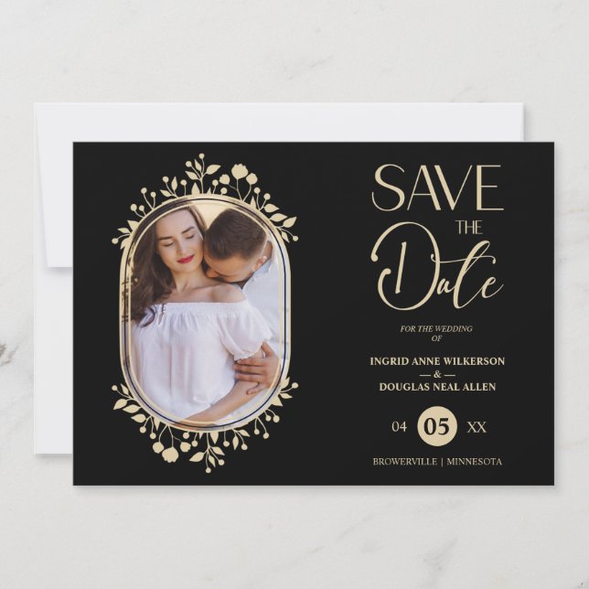 Black Wedding Extravagant Ornament Frame Blume Fot Save The Date (Vorderseite)