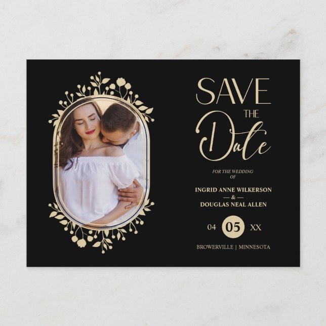 Black Wedding Fancy Ornament Frame Flowers Photo Ankündigungspostkarte (Vorderseite)