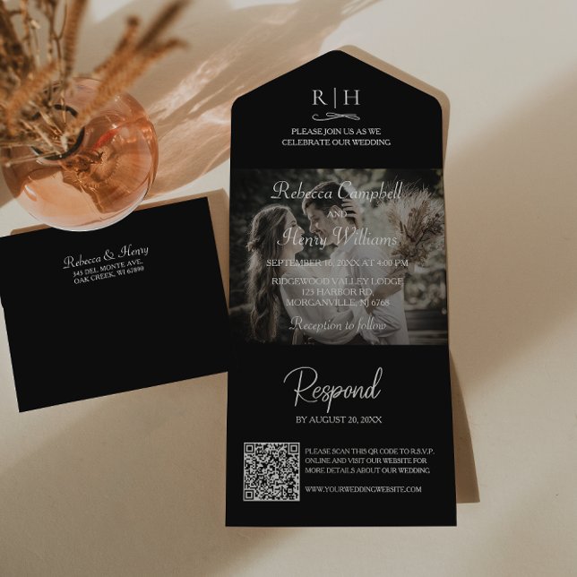 Black Wedding Foto | Monogram QR Code All In One Einladung (Save money and time. This all-in-one invitation includes a QR code for guests to easily RSVP online.)