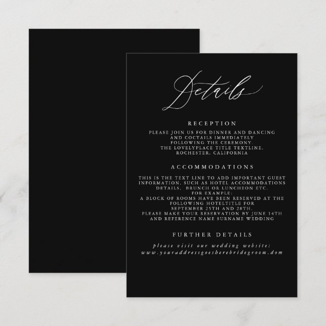 Black Wedding Information Enclosure Card Begleitkarte (Vorne/Hinten)