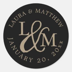 Black Wedding Monogram Runder Aufkleber