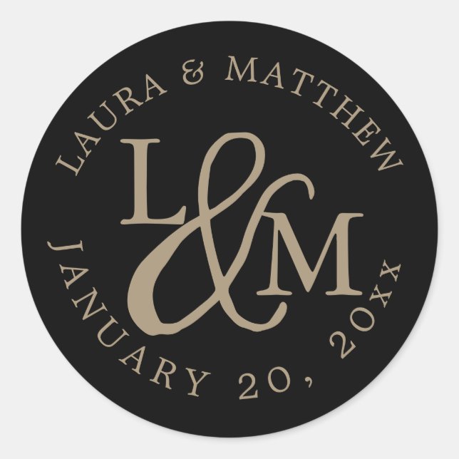 Black Wedding Monogram Runder Aufkleber (Vorderseite)