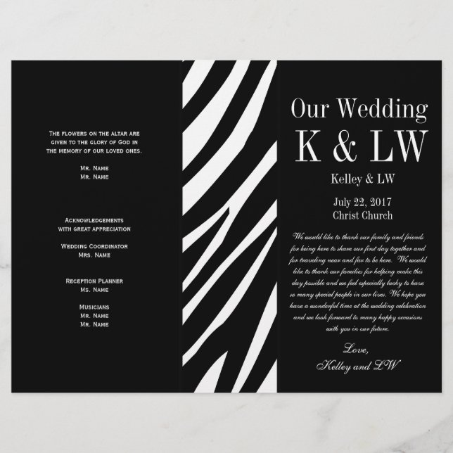 Black Wedding Program Zebra Stripes Muster (Vorderseite)