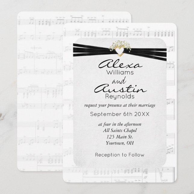 Black Wedding Ribbon on Music Einladung (Vorne/Hinten)