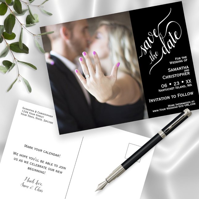 Black Wedding Save the Date Calligrafy & Foto Ankündigungspostkarte (Von Creator hochgeladen)