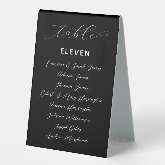 Black Wedding Table Number Guest List Seating Tischaufsteller (Vorderseite)