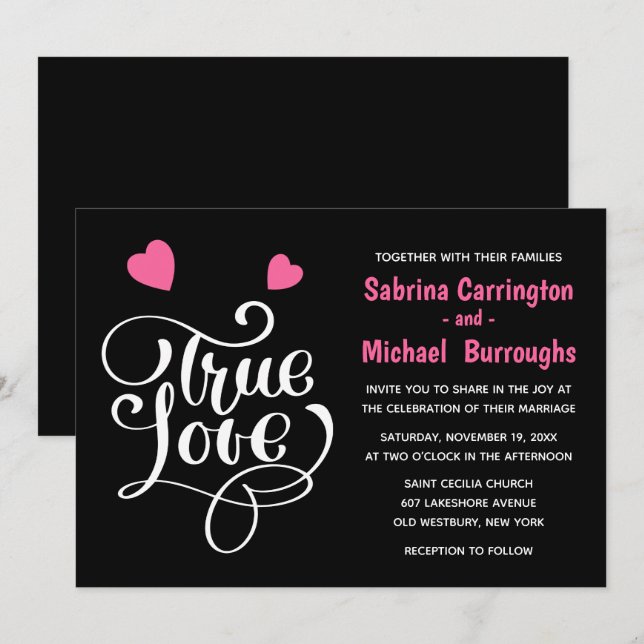 Black Wedding True Love Pink Herztypografie Einladung (Vorne/Hinten)