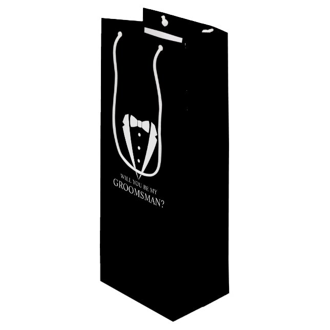 Black Wedding Tuxedo Anzug Trauzeuge Vorschlag Geschenktüte Für Weinflaschen (Vorderseite Schrägansicht)