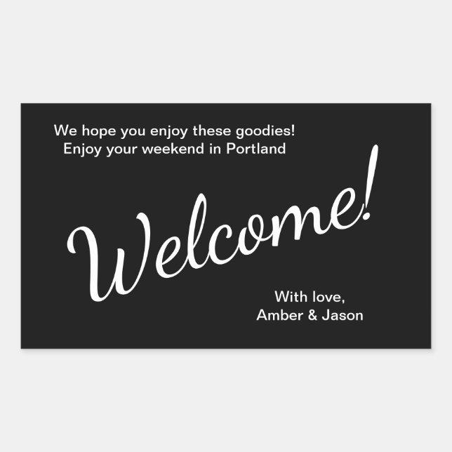 Black Welcome Guests Geschenkkörbchen Hochzeit Rechteckiger Aufkleber (Vorderseite)
