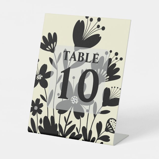Black Whimsical Blume Tischnummer Sockelschild (Vorderseite)
