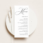 Black Whimsical Calligraphy Wedding Menükarte<br><div class="desc">Set the tone for your reception with this customizable wedding menu card featuring whimsical calligraphy and a clean, elegant layout. Designed to suit any wedding theme or season, this menu card adds a thoughtful finishing touch to your table settings while keeping guests informed about the meal. Personalize the card with...</div>