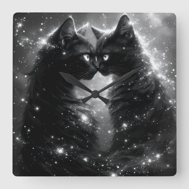 Black Whimsical Cat Clock Quadratische Wanduhr (Vorderseite)