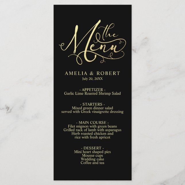 Black Whimsical Elegante Gold Calligraphy Menu Menükarte (Vorderseite)